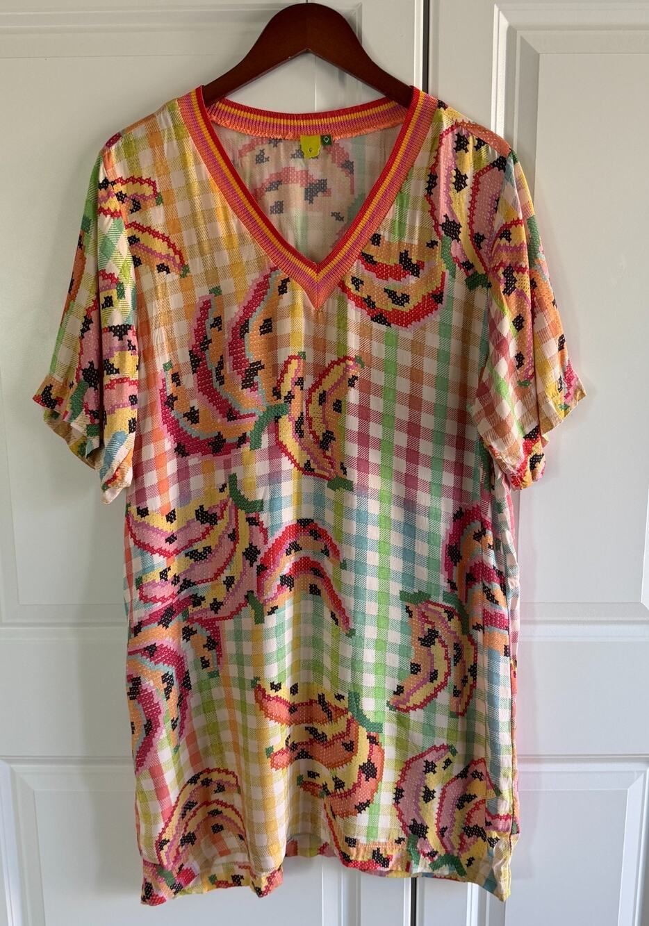 Farm Rio Vichy T Shirt Dress Banana Tropical Resort Beach Womens G (Large)